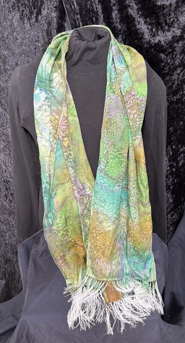 Multicolored salt-resist scarf with browns, greens, turquoise,violets